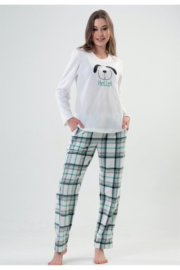 VİENETTA Vienetta Women's Ecru Fleece Long Sleeve Pajama Set