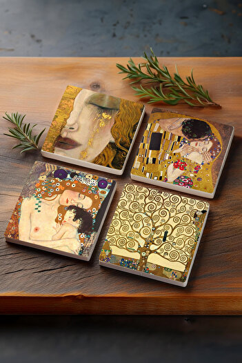 Pinecone Gustav Klimt Golden Tears, Mother Child, Kiss, Tree of Life Stone Coasters Set of 4 10x10cm