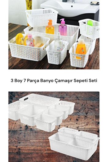 Bayev Bino 7 Parça Banyo Çamaşır Sepeti Seti - Banyo Organizer Kutu Kirli Sepeti