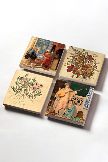 Pinecone Vintage Flower, Chess Game, Two Musician Girls Stone Coaster Protective Coaster Set of 4 10x10cm