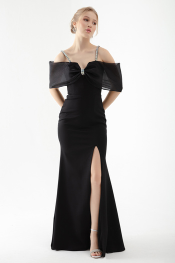 Lafaba Women's Black Stone Strap Long Fishnet Evening Dress