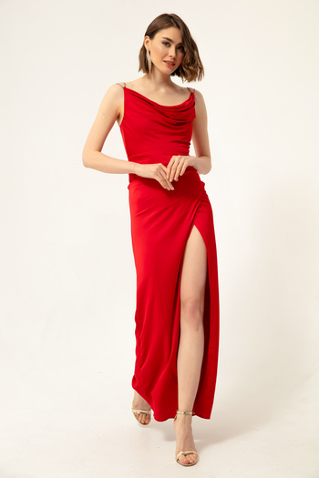 Lafaba Women's Red Stone Strap Neckline Satin Evening Dress