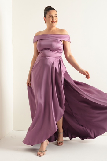 Lafaba Women's Lavender Boat Neck Plus Size Satin Evening Dress & Graduation Dress