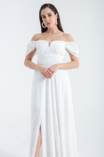 Lafaba Women's White Off-Shoulder Slit Detailed Tulle Evening Dress