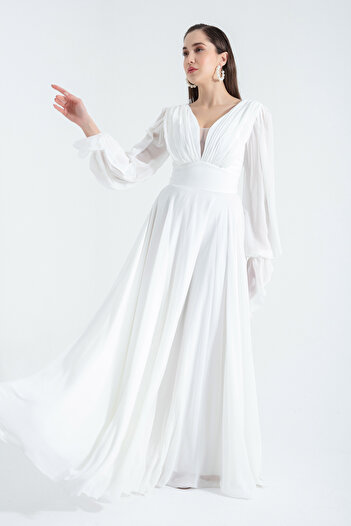 Lafaba Women's White V-Neck Long Chiffon Evening Dress