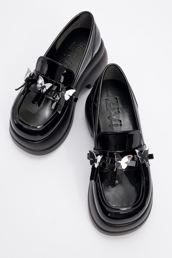 LuviShoes Indios черни лачени дамски ежедневни обувки на ток с катарама на пеперуда