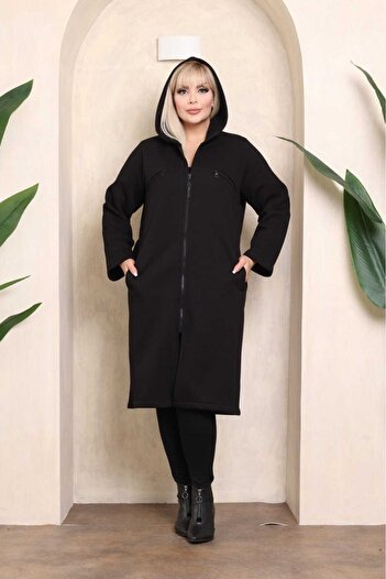 Şans Women's Large Size Black Hooded 3 Thread Coat with Pockets 65N38348