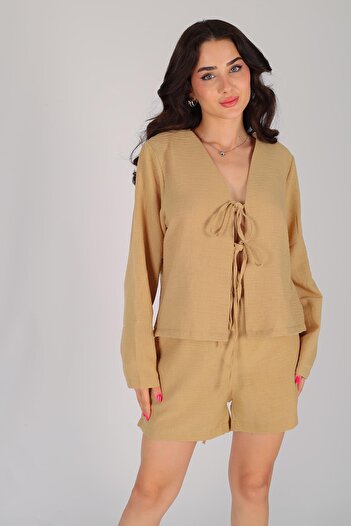 FACETTE Oil Green Women's Blouse and Shorts Set - Tie-Up