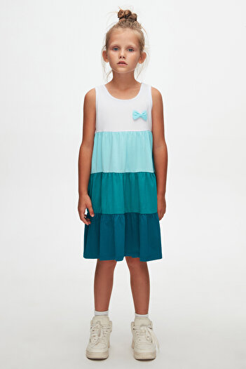 LOVETTI Girl's Strap Dress - White DarK Petrol Color