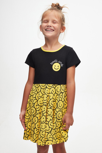 LOVETTI Black Smiley Face Girl Patterned Lovetti Smile Printed Short Sleeve Dress