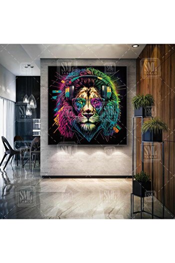 SML TABLO Lion Head with Glasses Listening to Music through Headphones Pink Green Music Animal Square Canvas Art Print