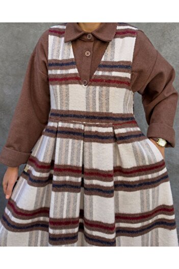 hrmonny Vintage Women's Modest Winter V-Neck Women's Rerto Wool Plaid Long Gilet Dress
