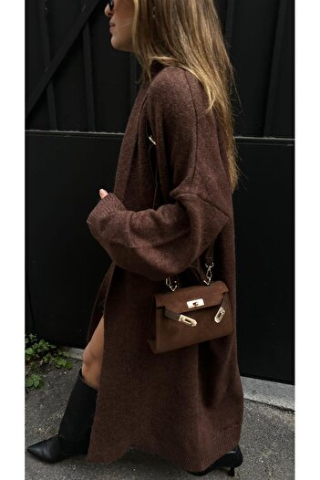 Askı Nişantaşı Bitter Brown Shawl Collar Long Cardigan