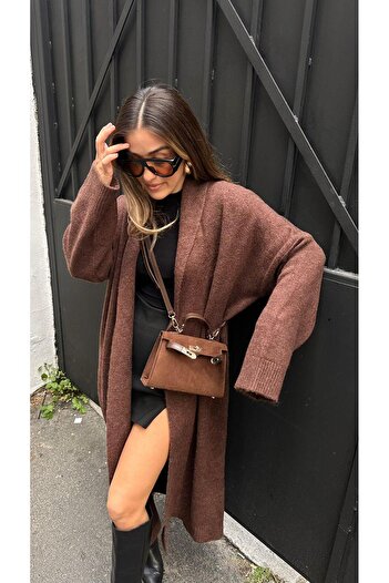 Askı Nişantaşı Bitter Brown Shawl Collar Long Cardigan