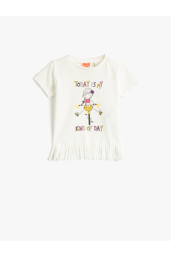Koton Short Sleeve Tassel T-Shirt Crew Neck Printed