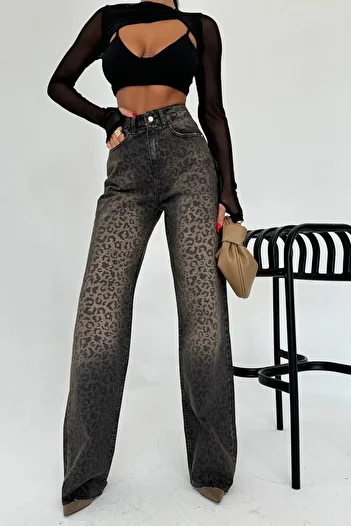 Gallogi Leopard Printed Straight Brown Women's Jeans
