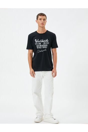 Koton Σλόγκαν εμπριμέ T-Shirt Crew Neck Slim Fit Κοντό μανίκι
