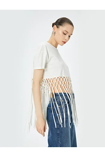 Koton Comfortable Fit - Tassel Crop T-Shirt, Short Sleeve, Crew Neck, Cotton