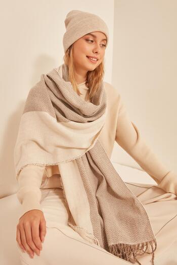 MARBERRY 13804 Soft Textured Herringbone Patterned Ecru-Mink Thick Shawl