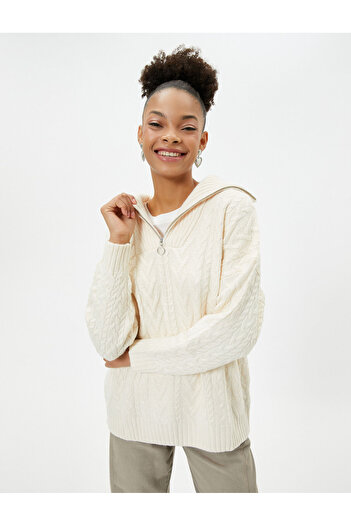 Koton Tunic Knitwear Sweatshirt Half Zipper Turtleneck Hair Weave Textured Long Sleeve