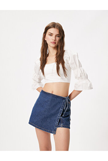 Koton Crop Blouse Square Neckline Low-cut Back Long Sleeve Gather Detailed Cotton