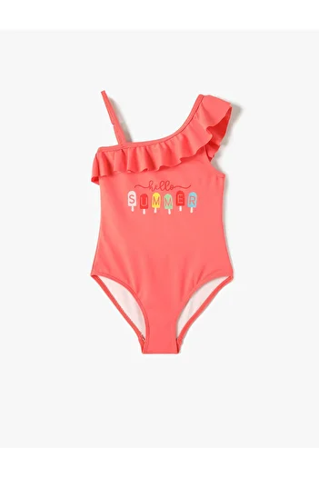 Koton One Shoulder Strap Swimsuit - Print Detailed and Ruffled