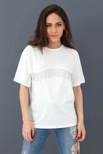 VAPUR TEKSTİL Ecru T-shirt - Crew Neck and Chain Detail
