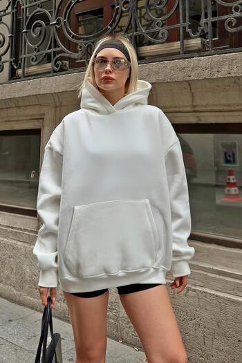 Swist Γυναικείο φούτερ White Stay Hooded Kangaroo Pocket Oversize με Fleece Εσωτερικά