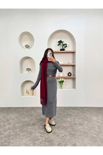 bymaestro woman Kadın Bisiklet Yaka Triko Kışlık Uzun Elbise