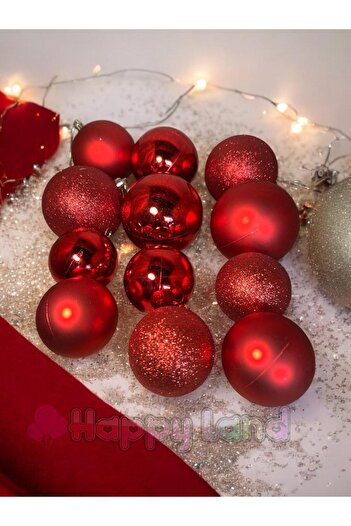 Happyland Christmas Tree Ornament 12 Pcs Red Christmas Ball Set (6 Pcs 8 cm & 6 Pcs 6 cm)