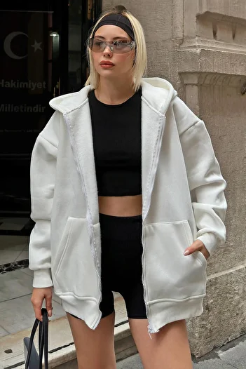 Swist Bílá oversize dámská mikina Lena na zip s kapucí a kapucí s fleecem uvnitř