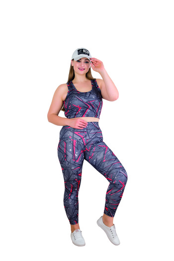 Lady Plus Size Gray Red Patterned Athlete Suit