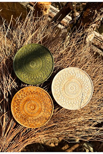 Ueex Home Vıvasto 3-Piece Bohemian Style Antique Concrete Coasters - 100% Stone Powder