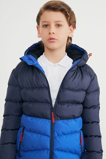 QAWWA Boy's Windproof Thick Fiber Filled Winter Navy Blue-Sak Hooded Coat