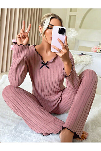 BELLA NOTTE Gül Kurusu Pamuklu Fiyonk Detaylı Pijama Takımı