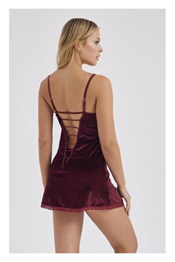 MOONLİGHT Moonlight 288 Bordo Fantezi Kadife Sırt Detaylı Gecelik String Takım