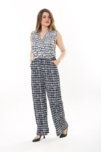 Şans Women's Large Size Navy Blue Wrap Collar Wide Leg Elastic Waist Jumpsuit 65N37635