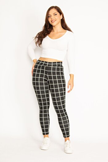 Şans Women's Large Size Black Plaid Pattern Iron-on Grass Stitched Tights 65n34811