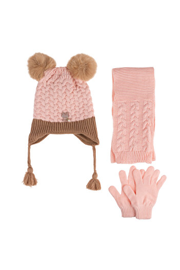 Kitti Kıttı Scarki Beret Gloves Set - 4-8 Years Old Girl (Double Layer Fleece Beres)