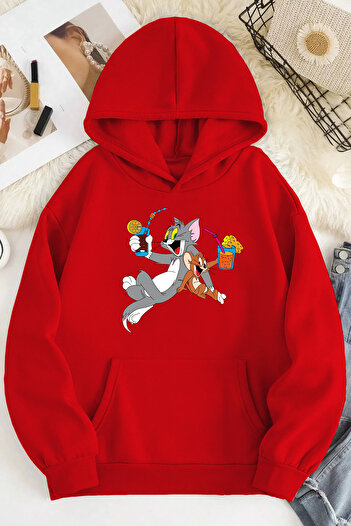 VİPER Tom and Mickey Patterned Unisex Red Oversize Sweatshirt - 2ip Raster NOSD