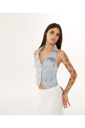 Twist Shirt Collar Jean Vest