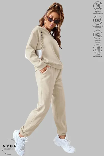 Nyda Collections Μπεζ φούτερ με λαιμόκοψη και σετ φόρμας Jogger Oversize - Raster Cotton