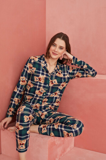 ELİTOL Green Plaid Bear Patterned Front Buttoned Suede Pajama Set