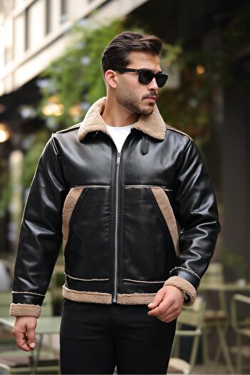 Valiberta Beige Colored Vintage Fur Detailed Men's Leather Jacket
