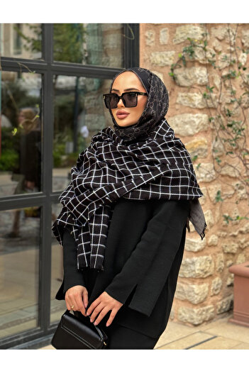 Stella Eşarp Siyah Renk Kareli Kadın Kışlık Omuz Şalı
