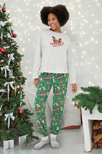 Trendyol Collection New Year's Themed Gray Melange Cotton Pajamas Set - Thmaw24Pt00058