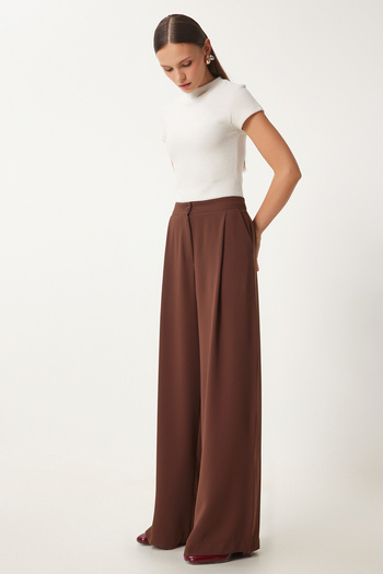 Happiness İstanbul Women's Brown Pocketed Woven Palazzo Trousers Ul00052