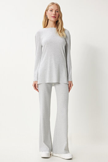 Happiness İstanbul Hellgraues Damen-Set aus gestrickter Bluse und Hose – bequemer Cord OW00054