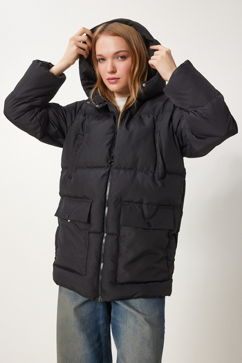 Happiness İstanbul Schwarze Pufferjacke mit Kapuze für Damen HK00023
