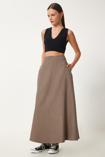 Happiness İstanbul Women's Mink Pocket Jacquard Suede Flared Skirt Rg00045